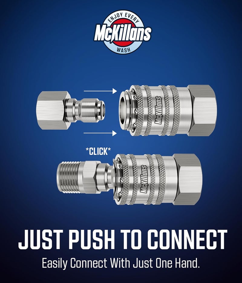 McKillans ® 3/8" NPT Automatic Pressure Washer Quick Connect Kit of 4 - Stainless Steel - 3/8" Pressure Washer Quick Connect Fittings - Power Washer NPT 3/8" - PUSH-TO-CONNECT - Upgraded Viton O-Rings - Image 3